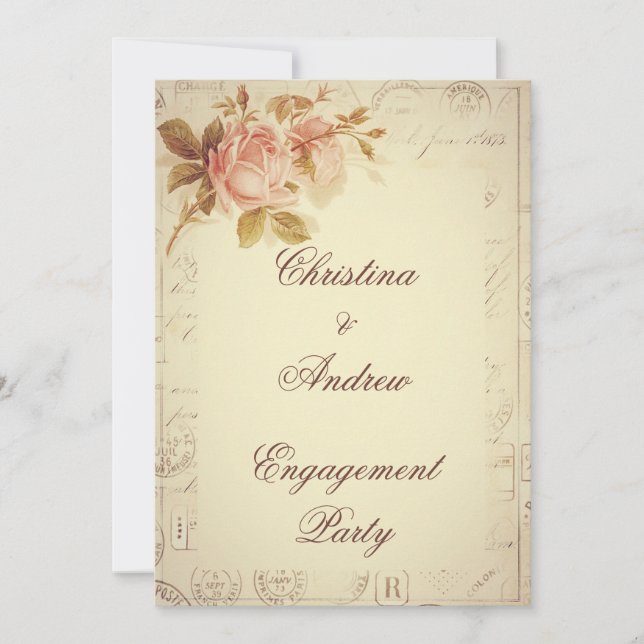 Vintage Paris Postmarks Chic Roses Engagement Invitation (Front)