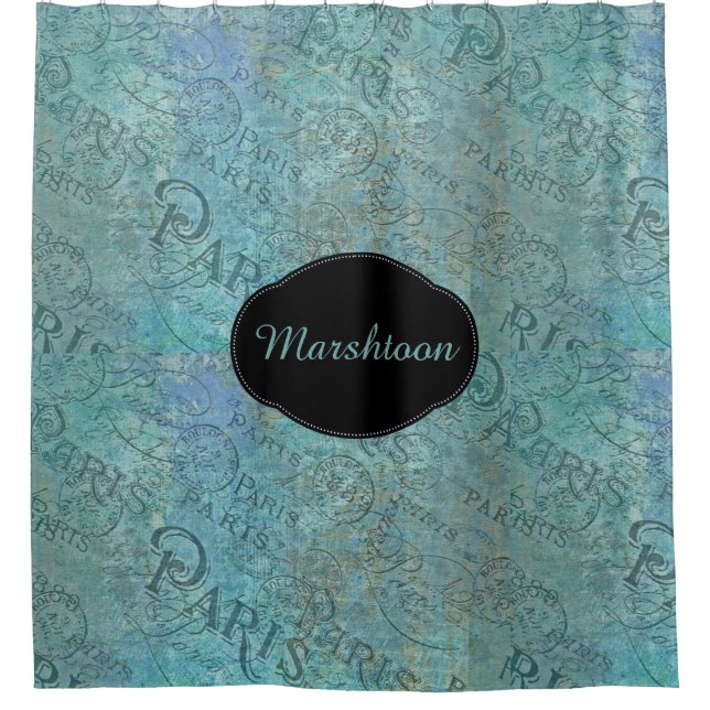 Vintage Paris Postmarks Teal Custom Shower Curtain (Front)
