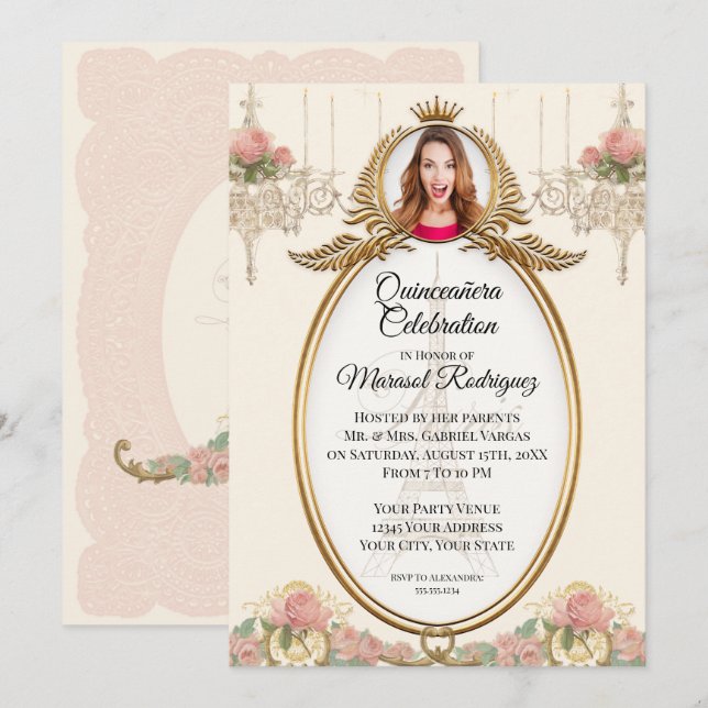 Vintage Paris Quinceañera Blush Gold w Chandelier Invitation (Front/Back)