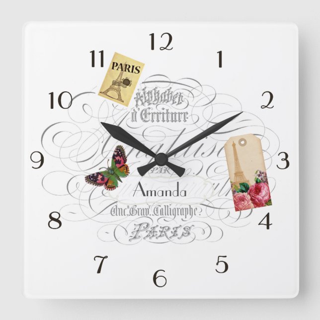 Vintage Paris Themed Personalized Square Wall Clock (Front)