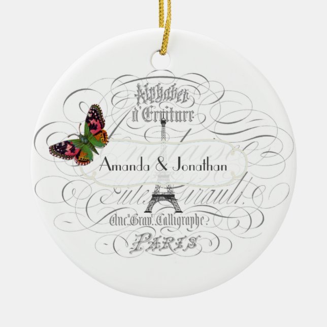 Vintage Paris Themed Wedding Customizable Ceramic Ornament (Front)