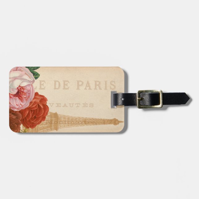 Vintage Paris Tower with Rustic Flowers Luggage Tag (Front Horizontal)