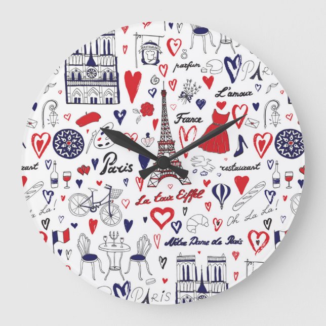 Vintage Paris: Travel Line Pattern Large Clock (Front)