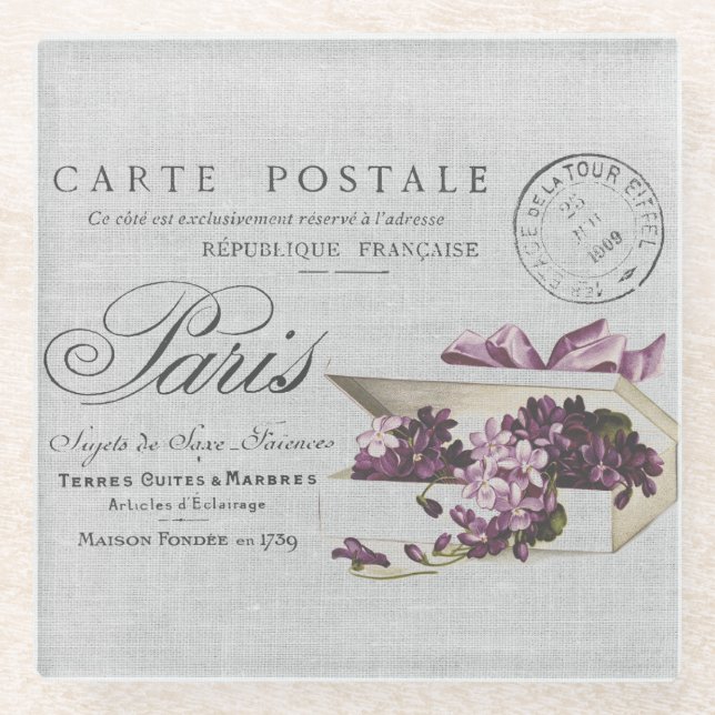 Vintage Paris Typography Postcard  Glass Coaster (Front)