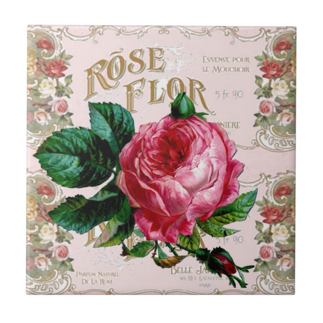Vintage Paris Typography, Rose countrycottage Tile (Front)