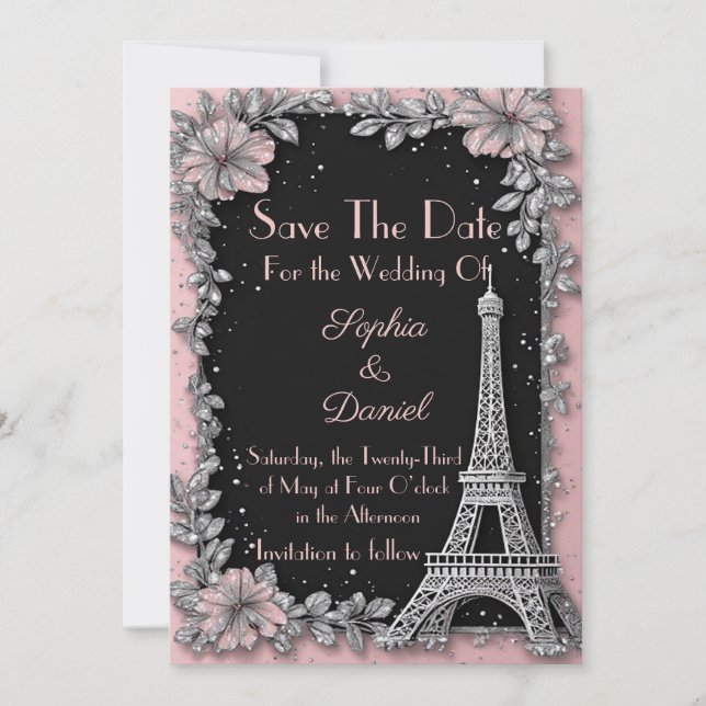 Vintage Parisian Blush Pink Silver Save The Date  (Front)