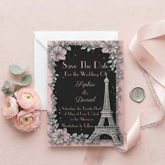 Vintage Parisian Blush Pink Silver Save The Date  (Vintage Parisian Blush Pink Silver Save The Date)