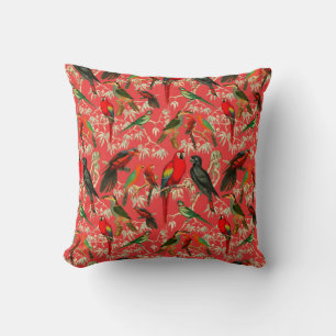 Vintage Parrot and Tropical Bird Pattern Throw Pillow
