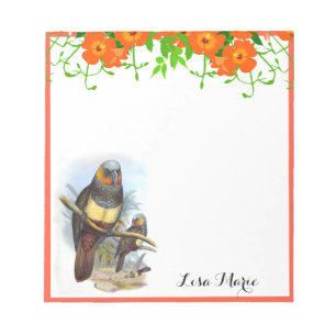 Vintage Parrot & Pretty Orange Flowers Personalzed Notepad