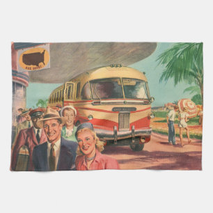 Vintage Passengers on Vacation at the Bus Depot Kitchen Towel