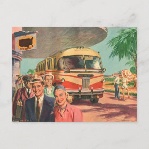 Vintage Passengers on Vacation at the Bus Depot Postcard