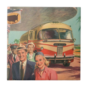Vintage Passengers on Vacation at the Bus Depot Tile