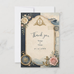 Vintage Passport Cruise Wedding Rose Map Thank You Card
