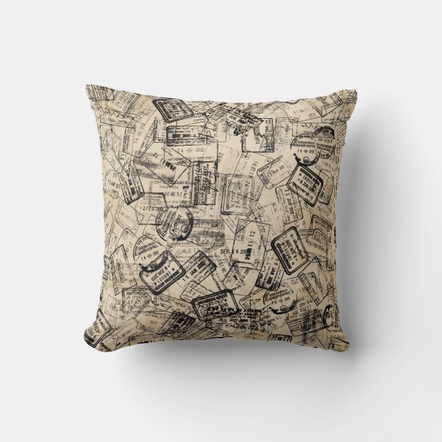 VINTAGE PASSPORT STAMPS COLLAGE THROW PILLOW (Front)