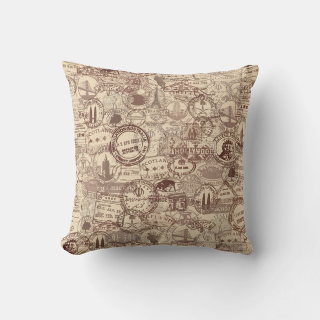 Vintage Passport Stamps Throw Pillow (Front)