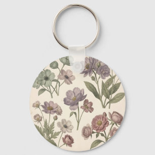 Vintage Pastel Anemones Roses Soft Botanical Keychain