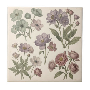 Vintage Pastel Anemones Roses Soft Botanical Tile