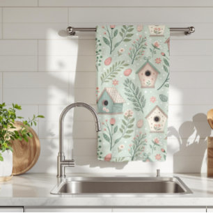 Vintage Pastel Birdhouses with Floral Blooms Kitchen Towel