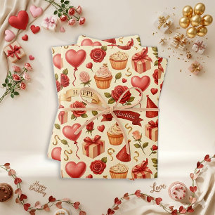 Vintage Pastel Birthday Valentine Motif Pattern Wrapping Paper Sheet