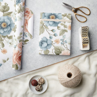 Vintage Pastel Blue and Peach Floral Pattern Wrapping Paper