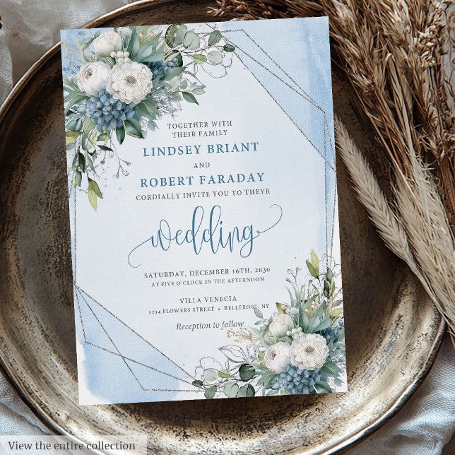 Vintage Pastel Blue White Silver Roses Wedding  Invitation (Vintage Pastel Blue White Silver Roses Wedding Invitation)
