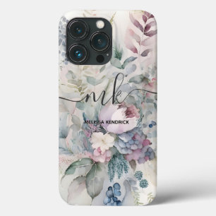 Vintage Pastel Botanical Flowers Monogram Name iPhone 13 Pro Case