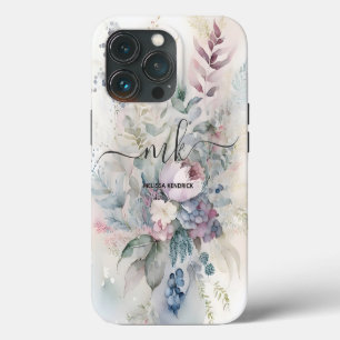 Vintage Pastel Botanical Flowers Monogram Name iPhone 13 Pro Case