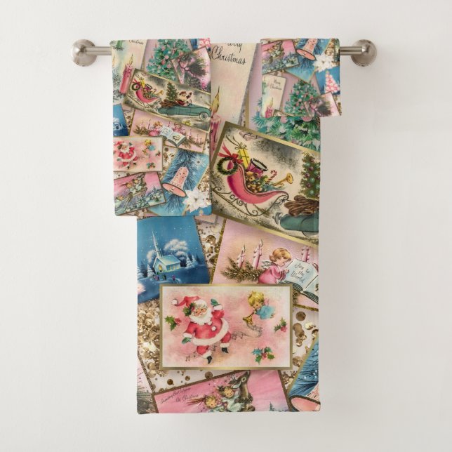 Vintage Pastel Christmas Card Collage   Bath Towel Set (Insitu)