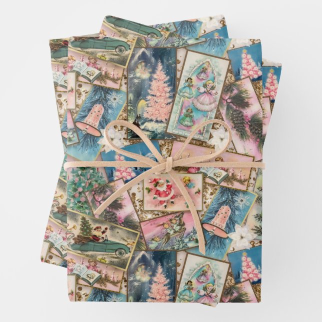 Vintage Pastel Christmas Card Collage  Wrapping Paper Sheet (In situ)