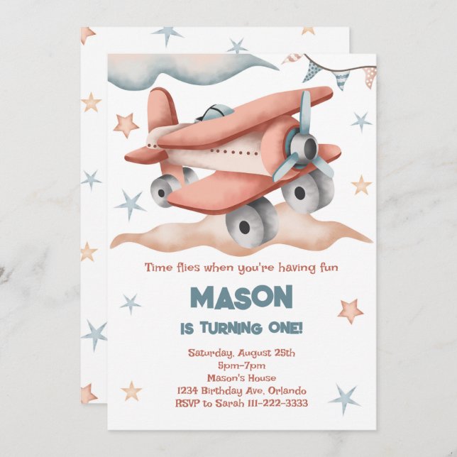 Vintage Pastel Colour Airplane Birthday Invitation (Front/Back)
