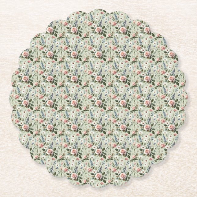 Vintage Pastel Floral Botanical Pattern Paper Coaster (Front)