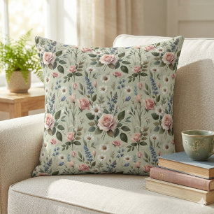 Vintage Pastel Floral Botanical Pattern Throw Pillow