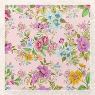 Vintage Pastel Floral Pattern Glass Coaster