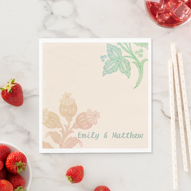 Vintage Pastel Floral Peach Green Wedding Napkin (Insitu)