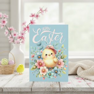 Vintage Pastel Florals & Chick Custom Happy Easter Holiday Card