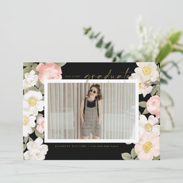 Vintage Pastel Flowers Black Photo Graduation Invitation (Standing Front)