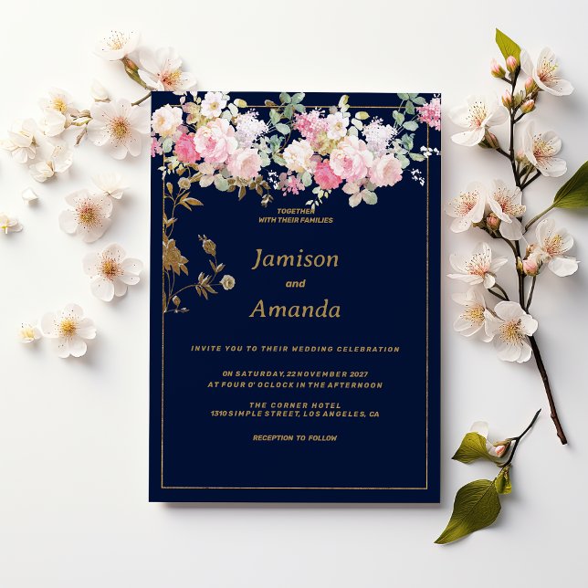 Vintage pastel flowers gold navy blue Wedding Invitation (Vintage pastel flowers gold navy blue Wedding)