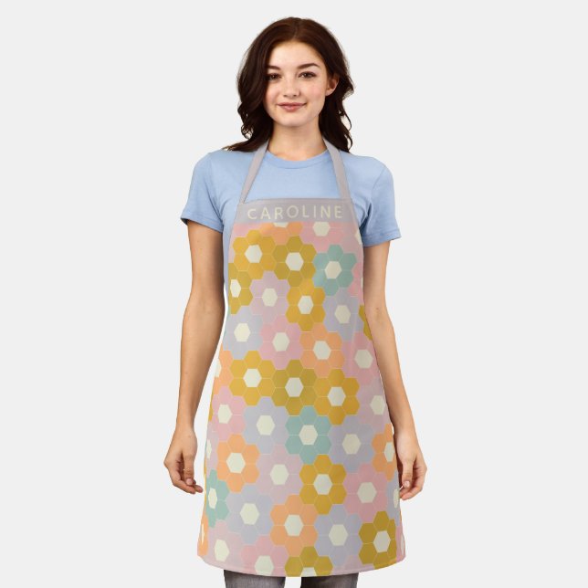 Vintage Pastel Hexagon Flower Pattern Personalized Apron (Worn)