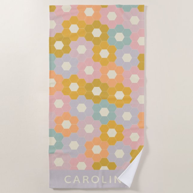 Vintage Pastel Hexagon Flower Pattern Personalized Beach Towel (Front)