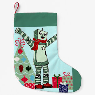 Vintage Pastel Holiday Robot Boy, Tree, & Gifts Small Christmas Stocking