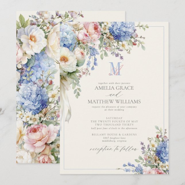 Vintage Pastel Hydrangea Ivory Monogram Wedding Invitation (Front/Back)
