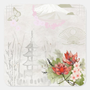 Vintage Pastel Japanese Traditional Illustration Square Sticker