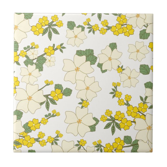 Vintage pastel lemon yellow floral design tile (Front)