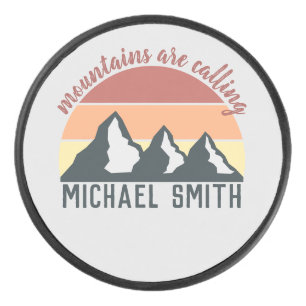 Vintage pastel mountains are calling monogram grey hockey puck
