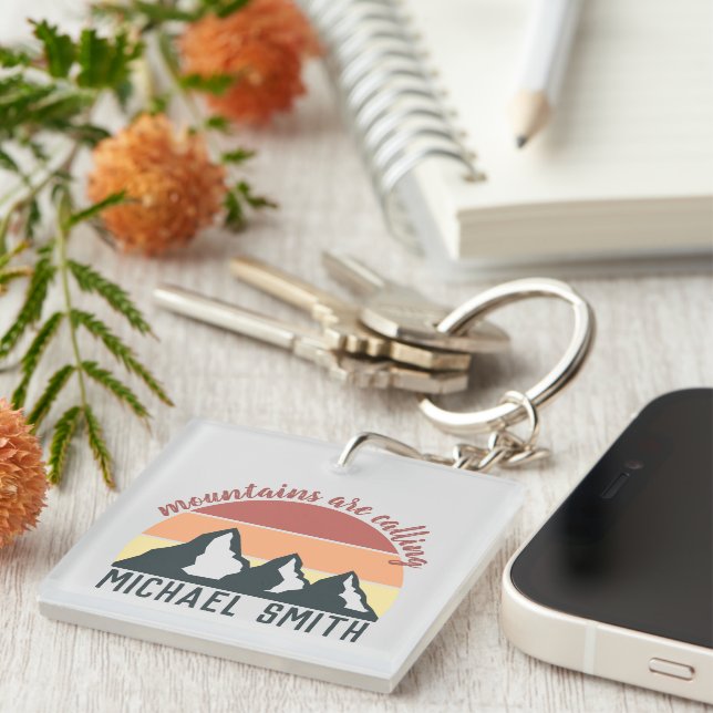 Vintage pastel mountains are calling monogram grey keychain (Front Right)