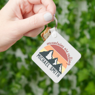 Vintage pastel mountains are calling monogram grey keychain