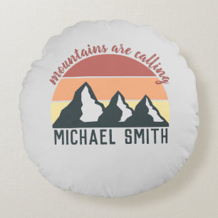 Vintage pastel mountains are calling monogram grey round pillow