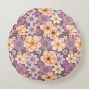 Vintage pastel peach & lavender floral cottagecore round pillow