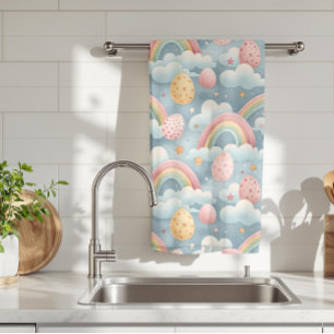 Vintage Pastel Rainbow Easter Eggs with Clouds Kitchen Towel