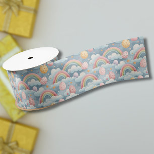 Vintage Pastel Rainbow Easter Eggs with Clouds Satin Ribbon